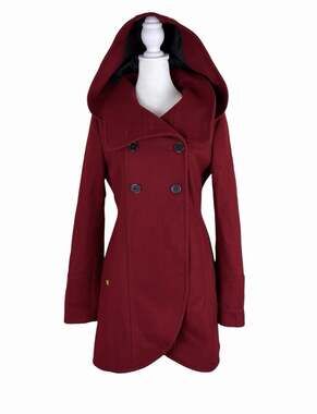 Soia & Kyo Red Wool Blend Hooded Double Breasted Pea Coat Jacket Size Small